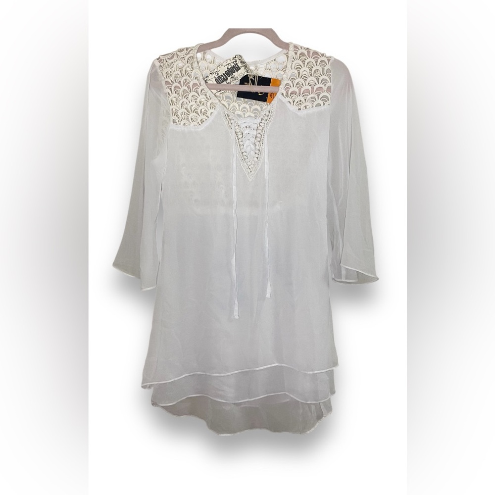 White Sheer Tunic Top w/ Lace Crochet Detailing Women’s Medium by Monoreno